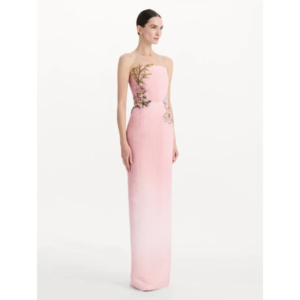 Oscar de la Renta Beaded Mixed Botanical Embroidered Column Gown