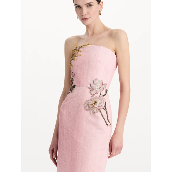 Oscar de la Renta Beaded Mixed Botanical Embroidered Column Gown