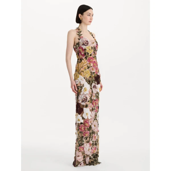Oscar de la Renta Beaded Mixed Botanical Embroidered Halter Gown
