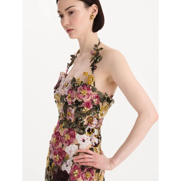 Oscar de la Renta Beaded Mixed Botanical Embroidered Halter Gown