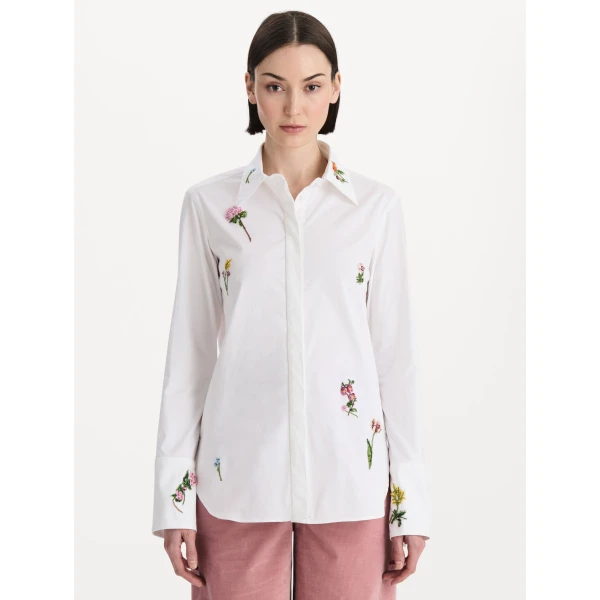 Oscar de la Renta Beaded Mixed Botanical Stretch Twill Blouse, view 2