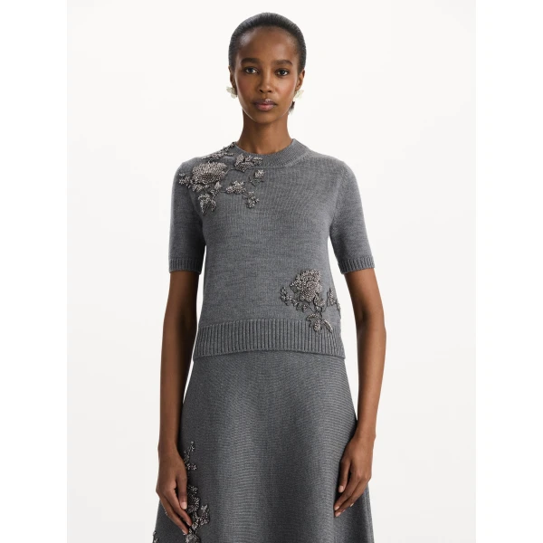Oscar de la Renta Beaded Peony Embroidered Pullover