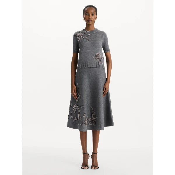 Oscar de la Renta Beaded Peony Embroidered Pullover