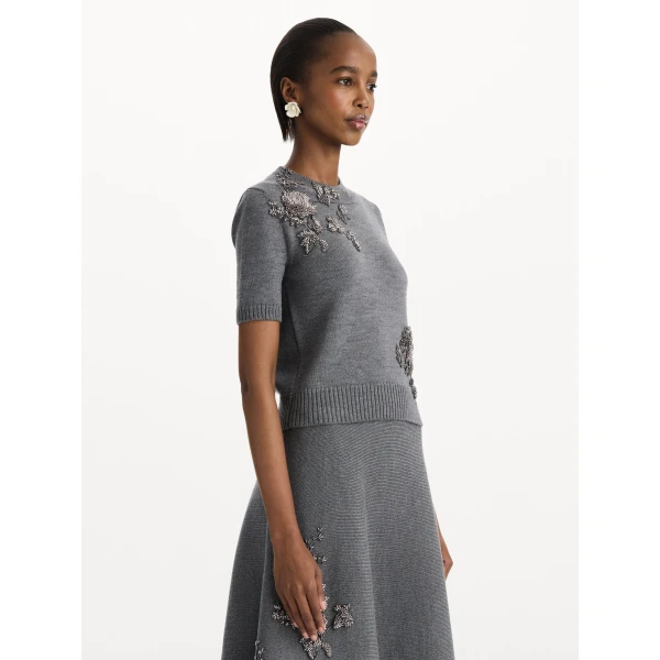 Oscar de la Renta Beaded Peony Embroidered Pullover