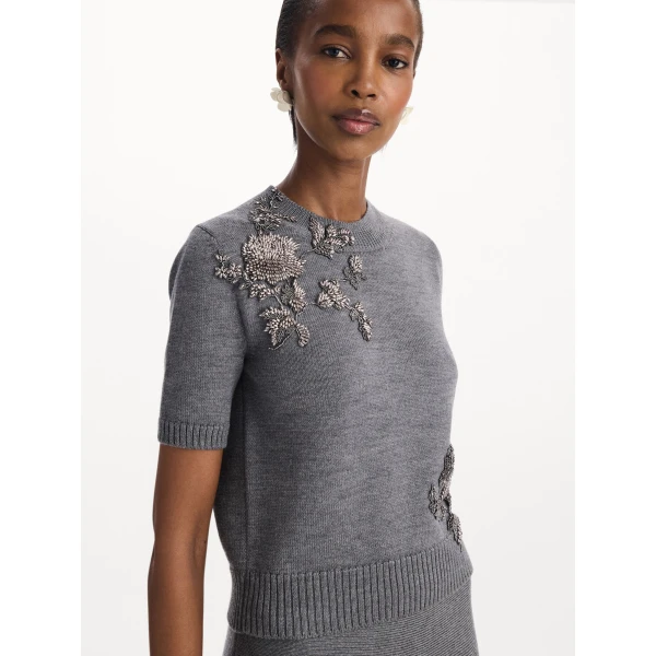 Oscar de la Renta Beaded Peony Embroidered Pullover