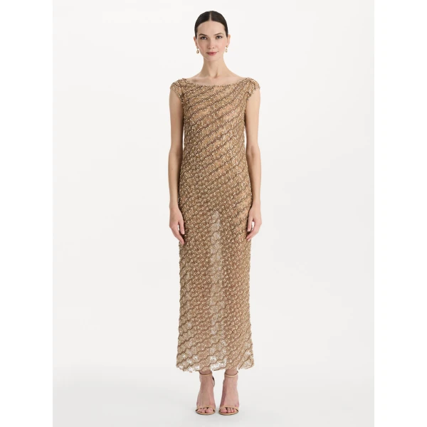 Oscar de la Renta Beaded Wave Embroidered Sleeveless Cocktail Dress, view 2