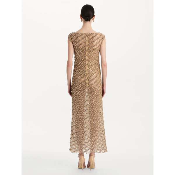 Oscar de la Renta Beaded Wave Embroidered Sleeveless Cocktail Dress, view 3