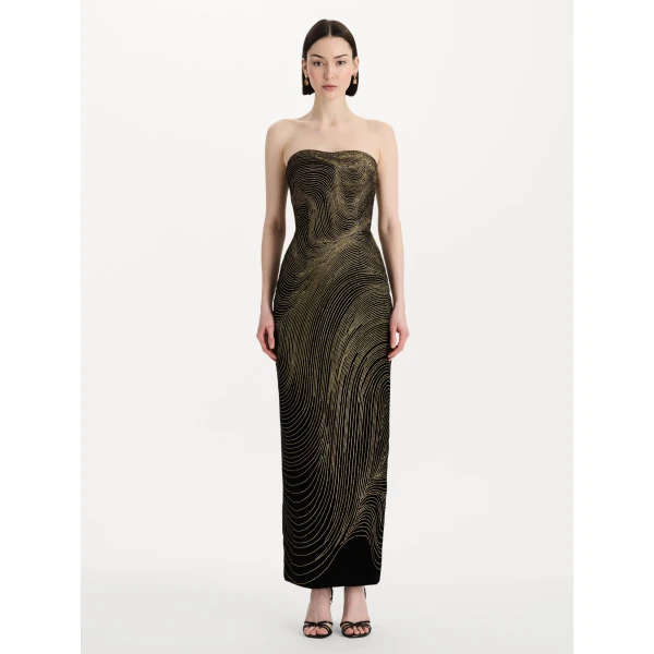 Oscar de la Renta Beaded Wave Embroidered Strapless Cocktail Dress, view 2