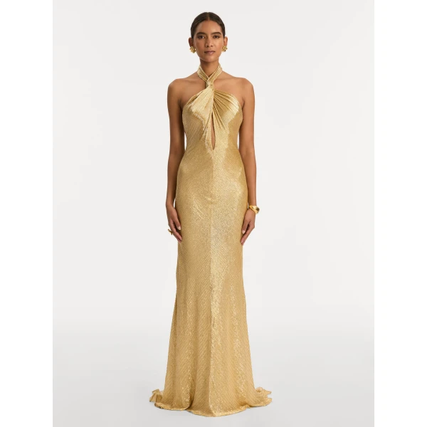Oscar de la Renta Bugle Bead Lamé Gown, view 2
