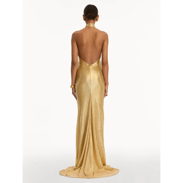 Oscar de la Renta Bugle Bead Lamé Gown, view 3