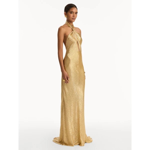 Oscar de la Renta Bugle Bead Lamé Gown, view 4