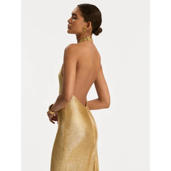 Oscar de la Renta Bugle Bead Lamé Gown, view 5