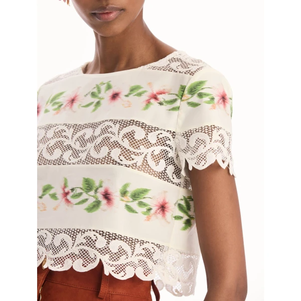 Oscar de la Renta Chiné Hibiscus Striped Cotton Poplin Blouse, view 6