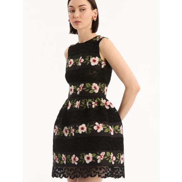 Oscar de la Renta Chiné Hibiscus Striped Faille Dress, view 5