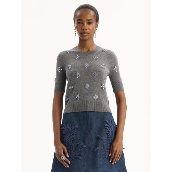 Oscar de la Renta Crystal Embroidered Pullover, view 2
