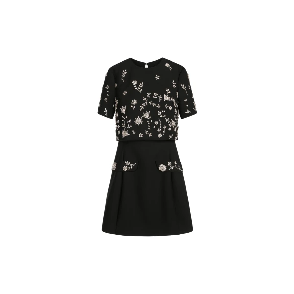 Crystal Floral Embroidered Cocktail Dress in Black