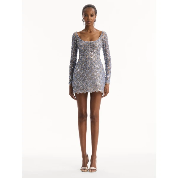 Oscar de la Renta Crystal & Glass Embroidered Cocktail Dress in Lilac, view 2