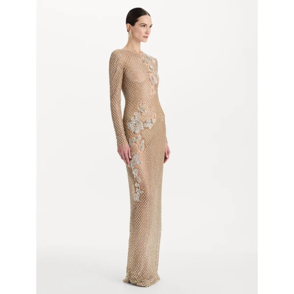 Oscar de la Renta Crystal Grid Floral Embroidered Long Sleeve Gown, view 4