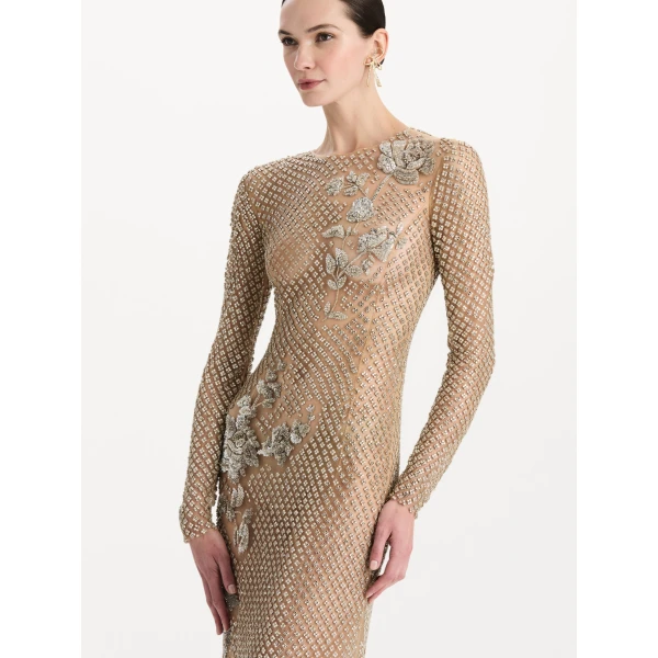 Oscar de la Renta Crystal Grid Floral Embroidered Long Sleeve Gown, view 5