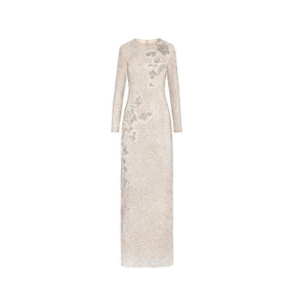 Crystal Grid Floral Embroidered Long Sleeve Gown