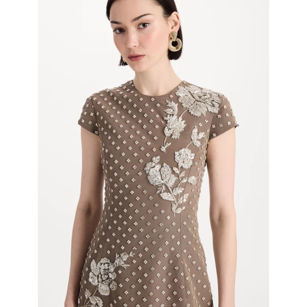 Oscar de la Renta Crystal Grid Floral Embroidered Short Sleeve Gown, view 5