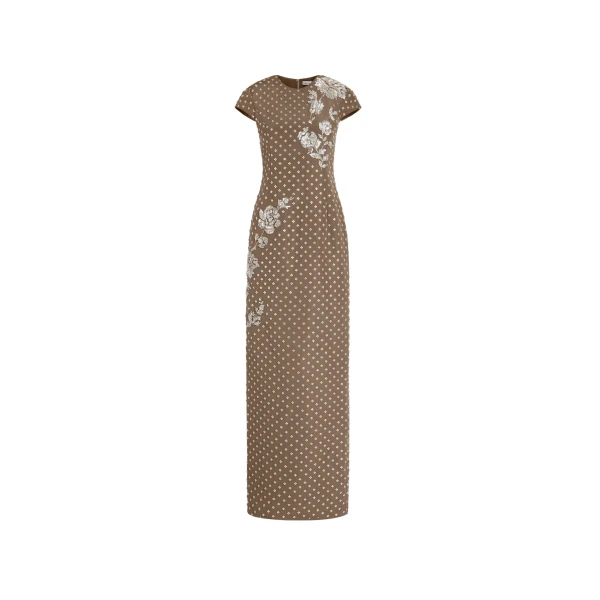Crystal Grid Floral Embroidered Short Sleeve Gown