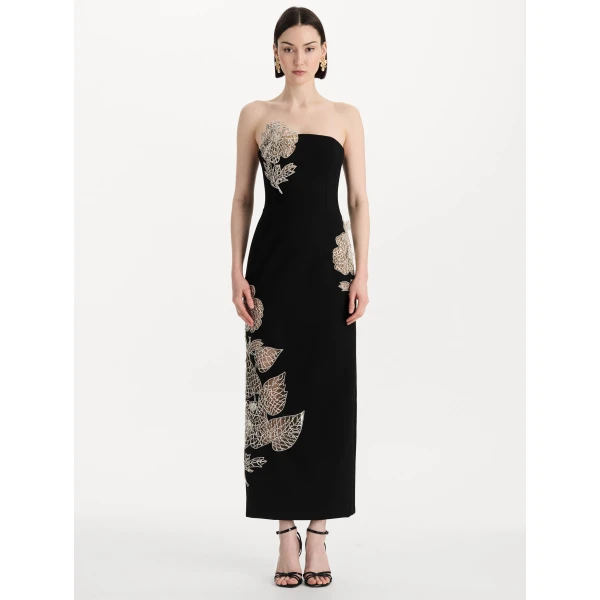 Oscar de la Renta Crystal Leaves Embroidered Cocktail Dress, view 2