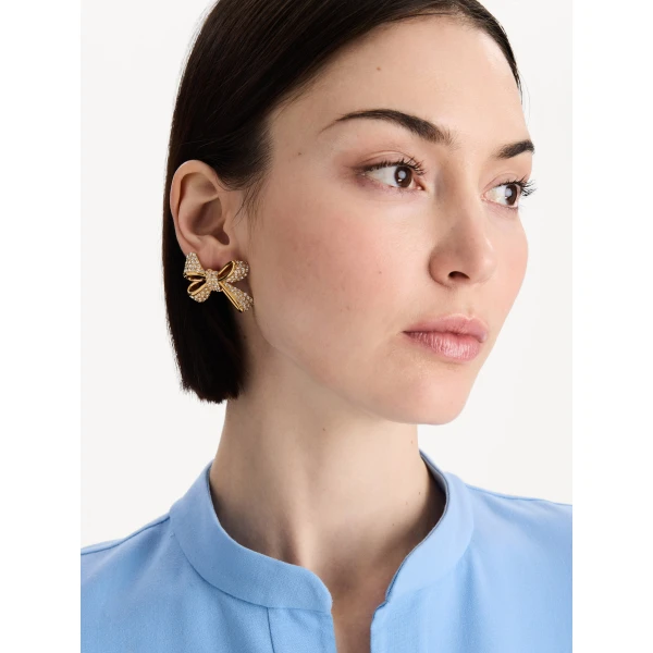 Oscar de la Renta Crystal Pavé Bow Earrings in Gold, view 2