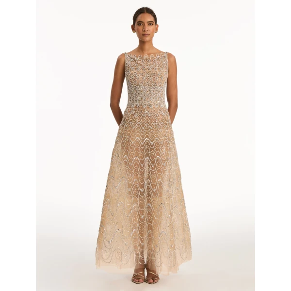 Oscar de la Renta Crystal Wave Embroidered Dress, view 2