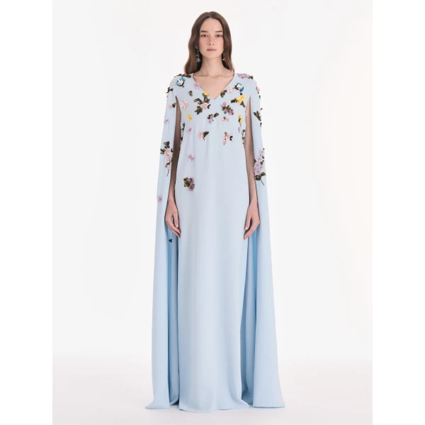 Oscar de la Renta Draped Sleeve Mixed Botanical On Lace Caftan