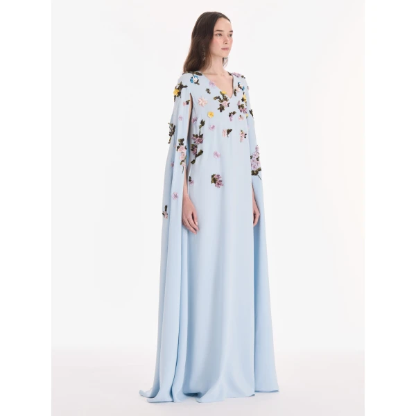 Oscar de la Renta Draped Sleeve Mixed Botanical On Lace Caftan