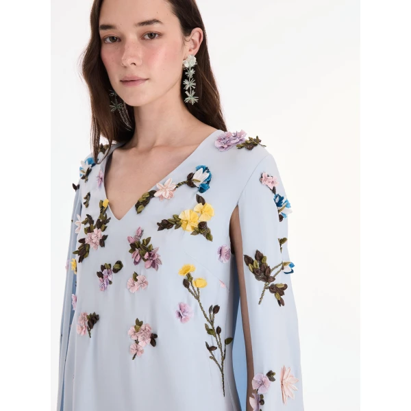 Oscar de la Renta Draped Sleeve Mixed Botanical On Lace Caftan
