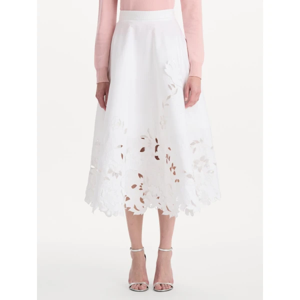 Oscar de la Renta Floral Cutout Cotton Twill Skirt, view 3