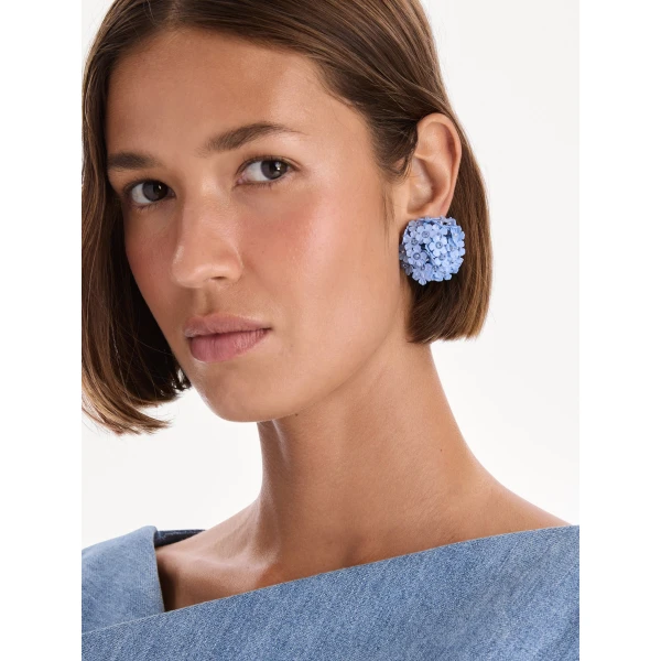 Oscar de la Renta Flower Pompom Small Earrings in Blue, view 2