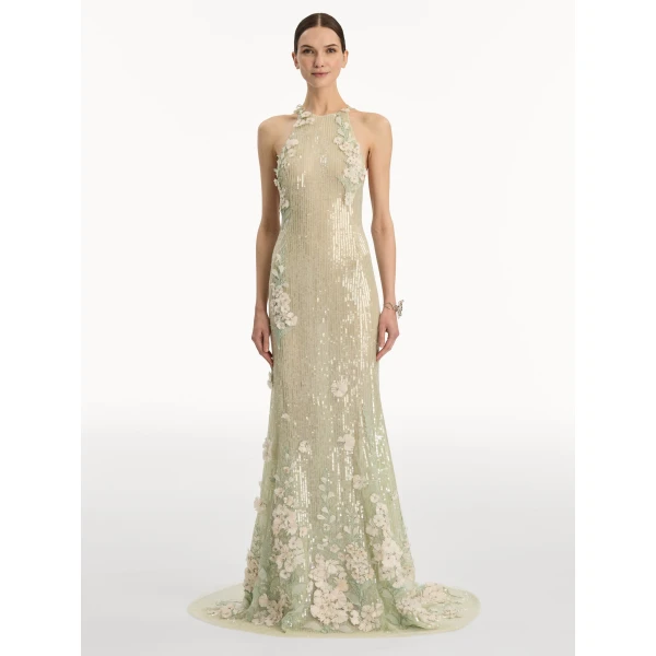 Oscar de la Renta Foxglove Embroidered Sequin Tulle Gown, view 2
