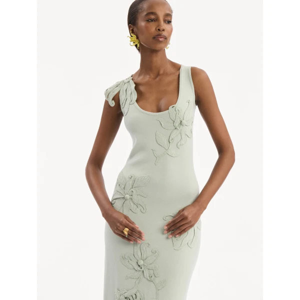 Oscar de la Renta Hibiscus Embroidered Knit Pencil Dress, view 5