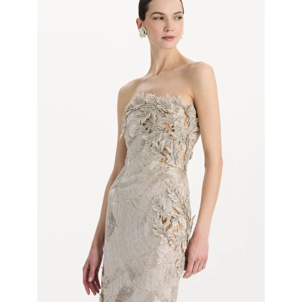 Oscar de la Renta Intarsia Leaves Cutout Embroidered Cocktail Dress