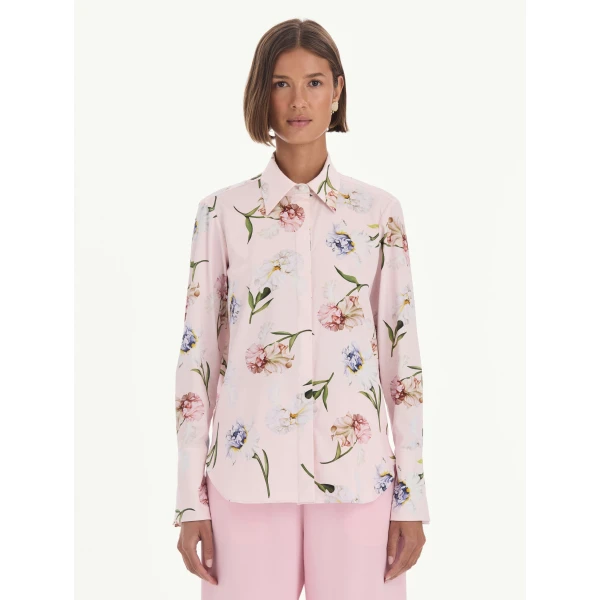 Oscar de la Renta Long Sleeve Painted Iris Poplin Blouse