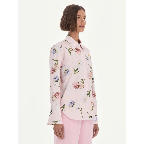 Oscar de la Renta Long Sleeve Painted Iris Poplin Blouse