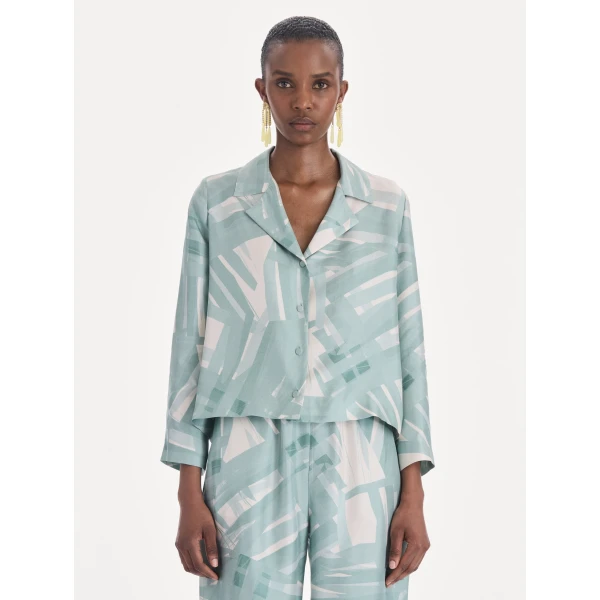 Oscar de la Renta Long Sleeve Stripey Plaid Silk Twill Blouse