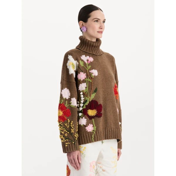 Oscar de la Renta Mixed Botanical Embroidered Oversized Pullover, view 5