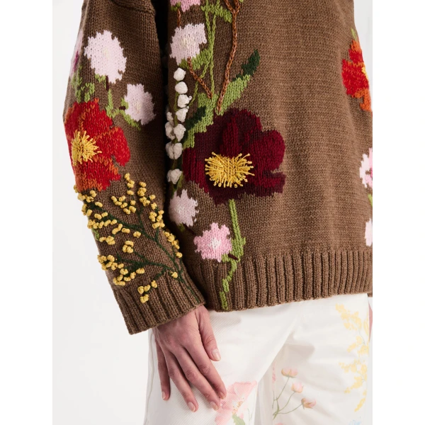Oscar de la Renta Mixed Botanical Embroidered Oversized Pullover, view 6