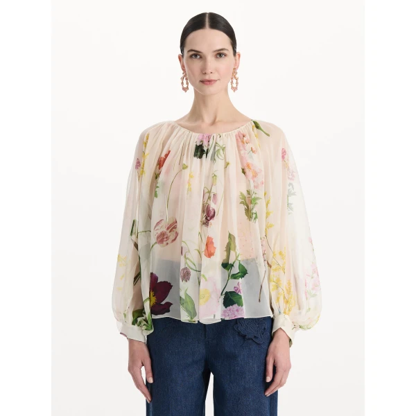 Oscar de la Renta Mixed Botanical Silk Chiffon Blouse, view 2