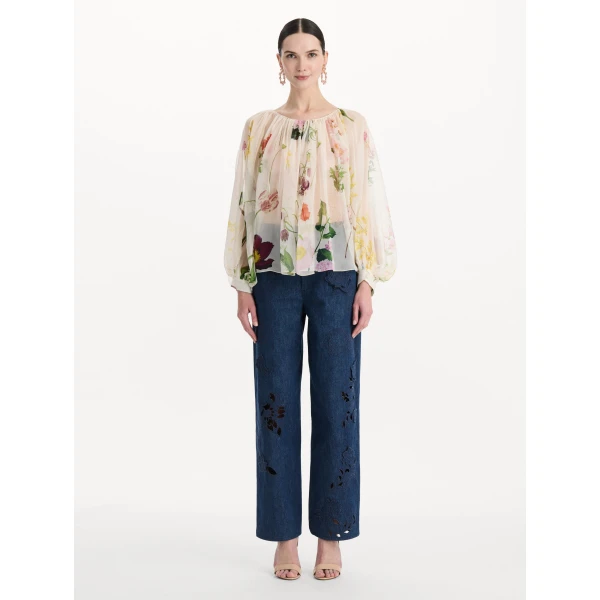 Oscar de la Renta Mixed Botanical Silk Chiffon Blouse, view 3