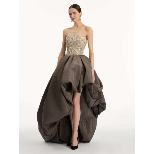 Oscar de la Renta Mother of Pearl Embroidered High-Low Gown, view 4