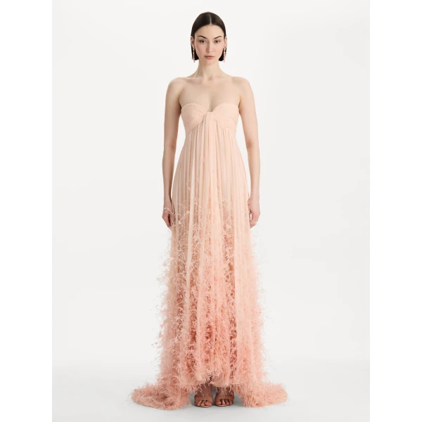 Oscar de la Renta Ombré Feather Embroidered Silk Chiffon Gown, view 2