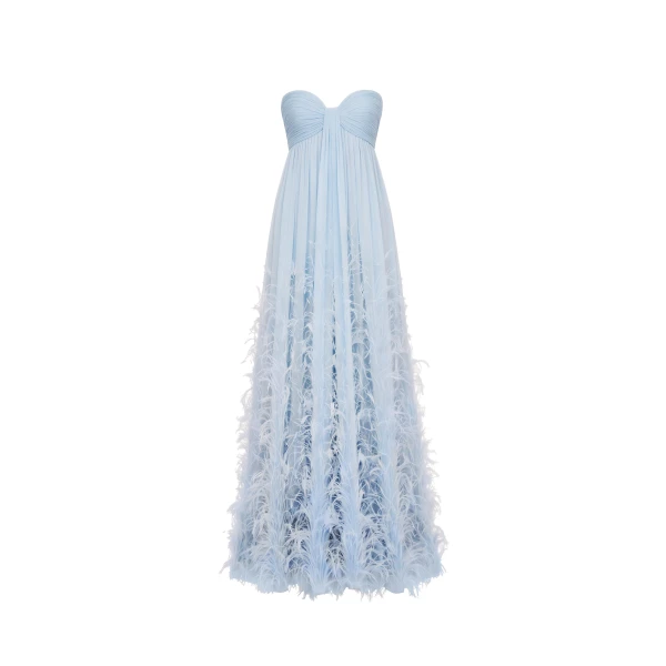 Ombré Feather Embroidered Silk Chiffon Gown in Sky Blue