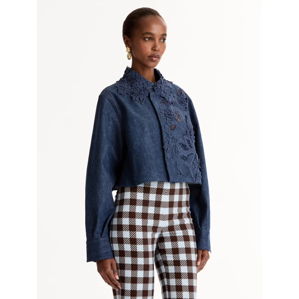 Oscar de la Renta Porcelain Flower Cutout Denim Jacket, view 5