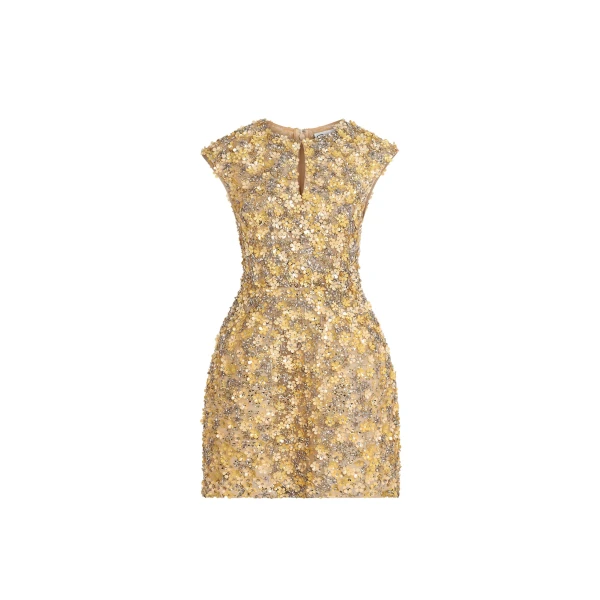 Porcelain Flower Embroidered Cap-Sleeve Dress