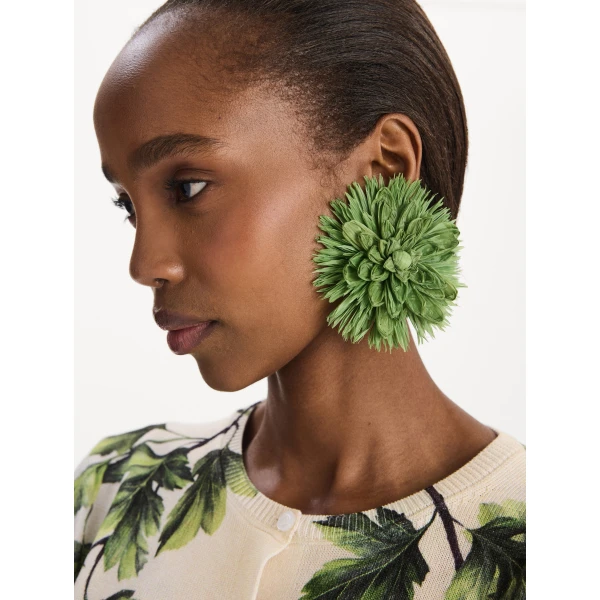 Oscar de la Renta Raffia Flower Clip-On Earrings in Green, view 2